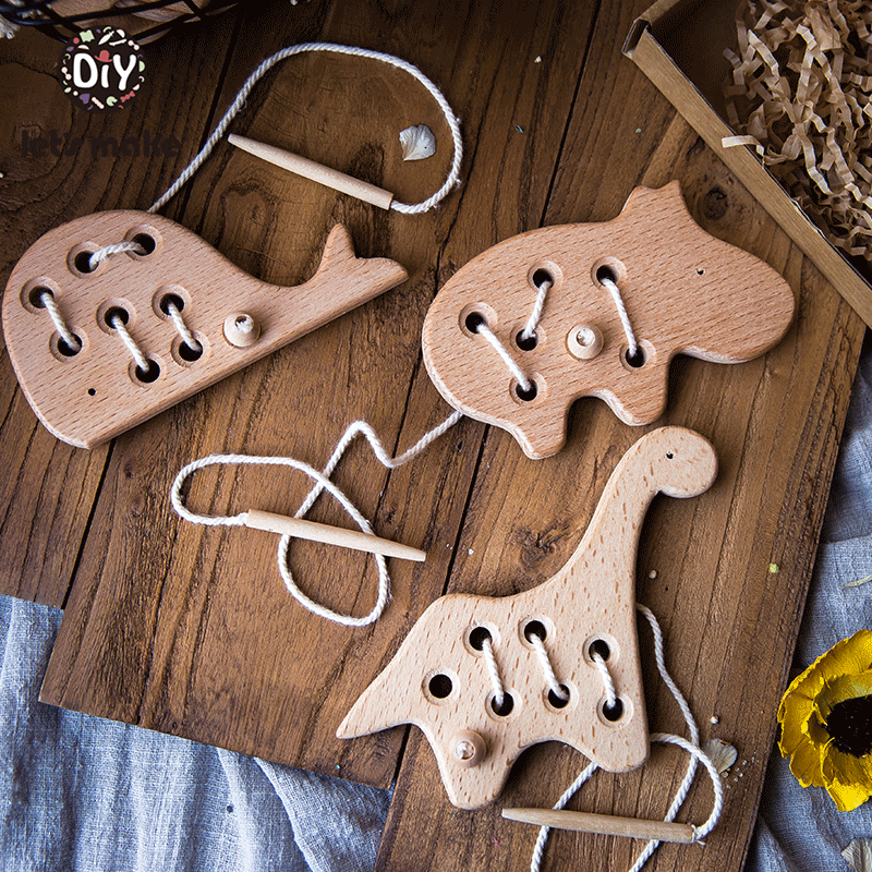 Baby Products Natural - โรงเรียนอนุบาลไม้แผ่น Threading Board Lacing Beech ไม้เย็บของเล่นไดโนเสาร์ปุ่มลูกปัดบล็อกสำหรับชายหญิงผลิตภัณฑ์