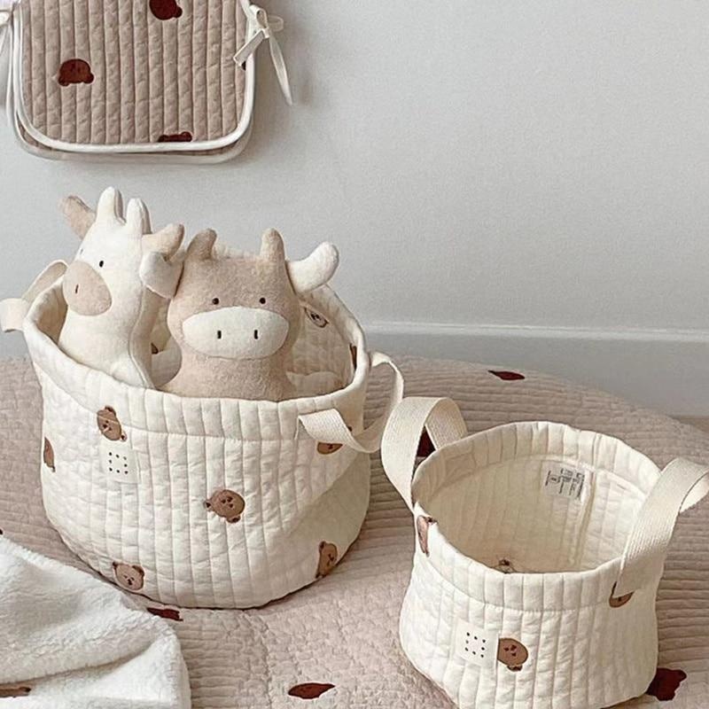 Baby Products Basket - หมีน่ารักเย็บปักถักร้อยกระเป๋าผ้าอ้อมผ้าอ้อมผ้าฝ้ายกระเป๋าแม่ทารกแรกเกิดเด็กทารกเก็บกระเป๋าตะกร้าสําหรับซักรีดเสื้อผ้าของเล่น