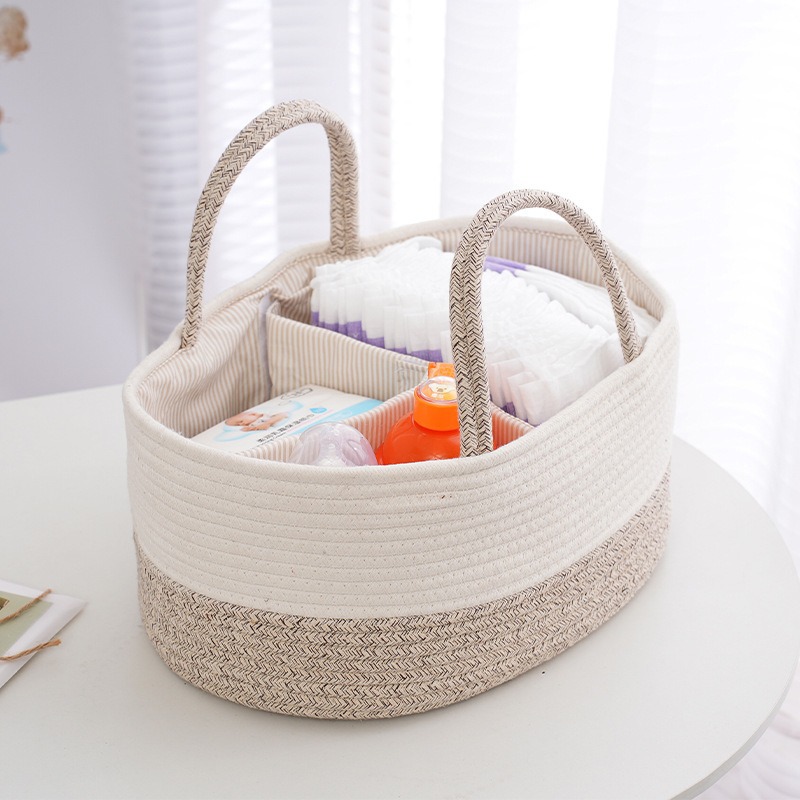 Baby Products Basket - ตะกร้าเก็บของอเนกประสงค์แบบพับได้ ทำจากเชือกฝ้าย สำหรับใส่ผ้าอ้อมเด็ก กระเป๋าแม่แบบพกพา ใส่ขวดนม ของเล่นเด็ก